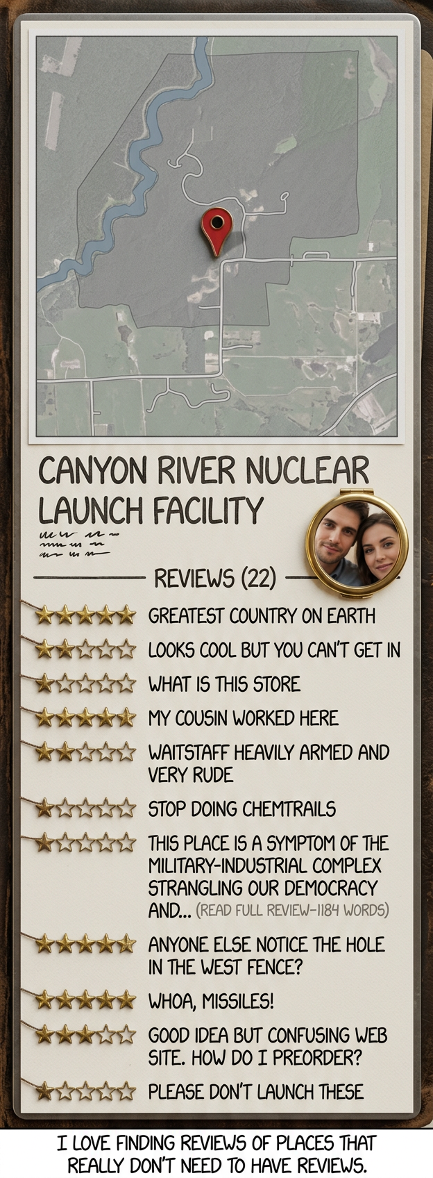 Google and Yelp keep deleting my scathing reviews of the Mariana Trench, the Chernobyl reactor core, the jet stream, and the equator.