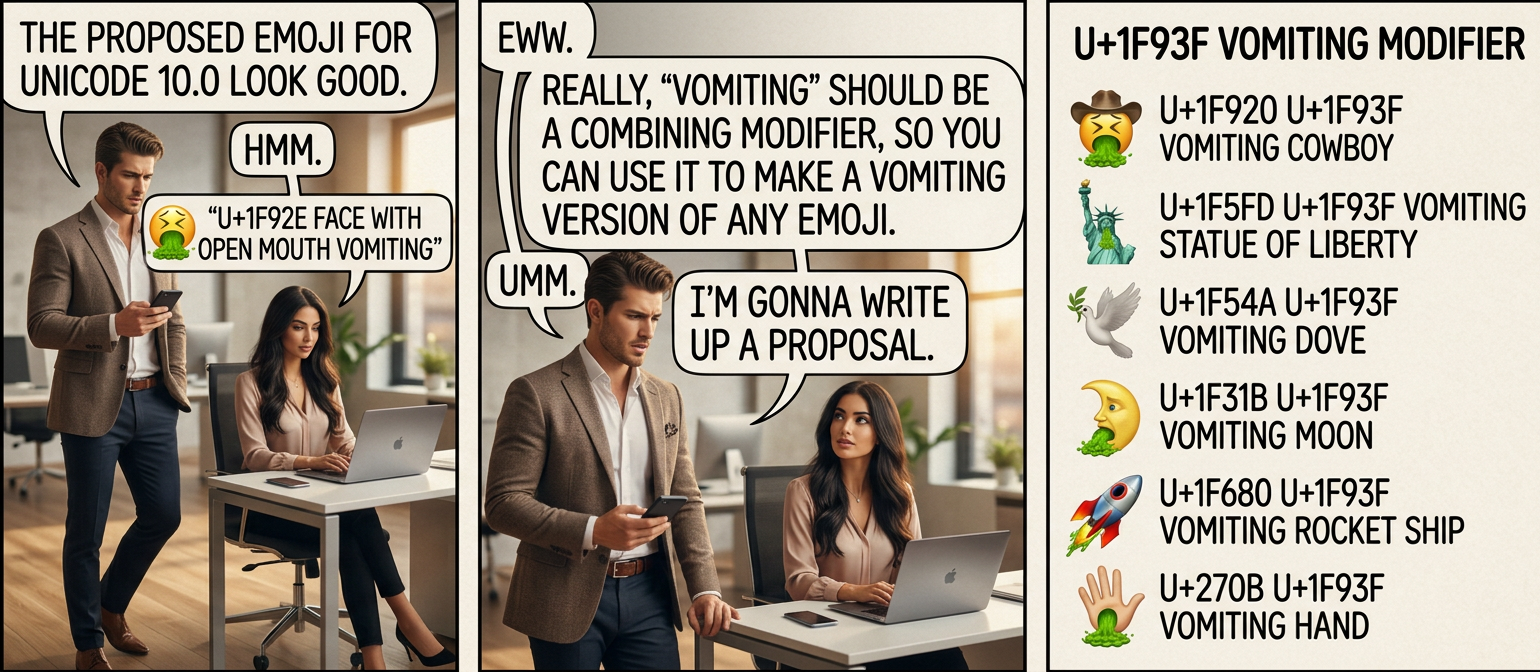 My favorite might be U+1F609 U+1F93F WINKING FACE VOMITING.