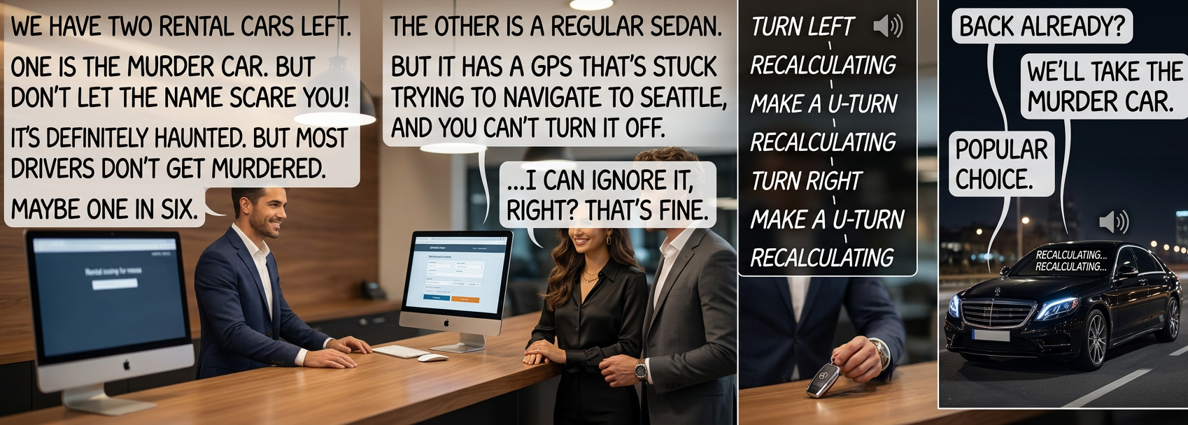 Technically, both cars are haunted, but the murder ghosts can't stand listening to the broken GPS for more than a few minutes.