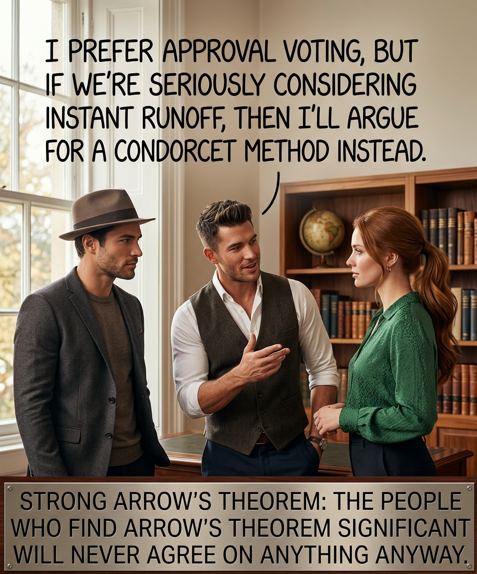 Kenneth Arrow hated me because the ordering of my preferences changes based on which voting systems have what level of support. But it tells me a lot about the people I'm going to be voting with!
