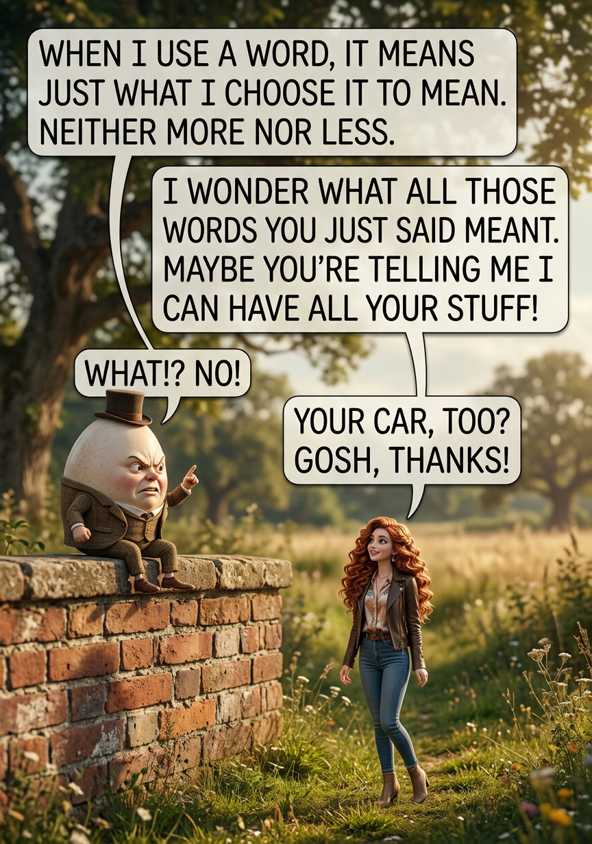 You're saying that the responsibility for avoiding miscommunication lies entirely with the listener, not the speaker, which explains why you haven't been able to convince anyone to help you down from that wall.
