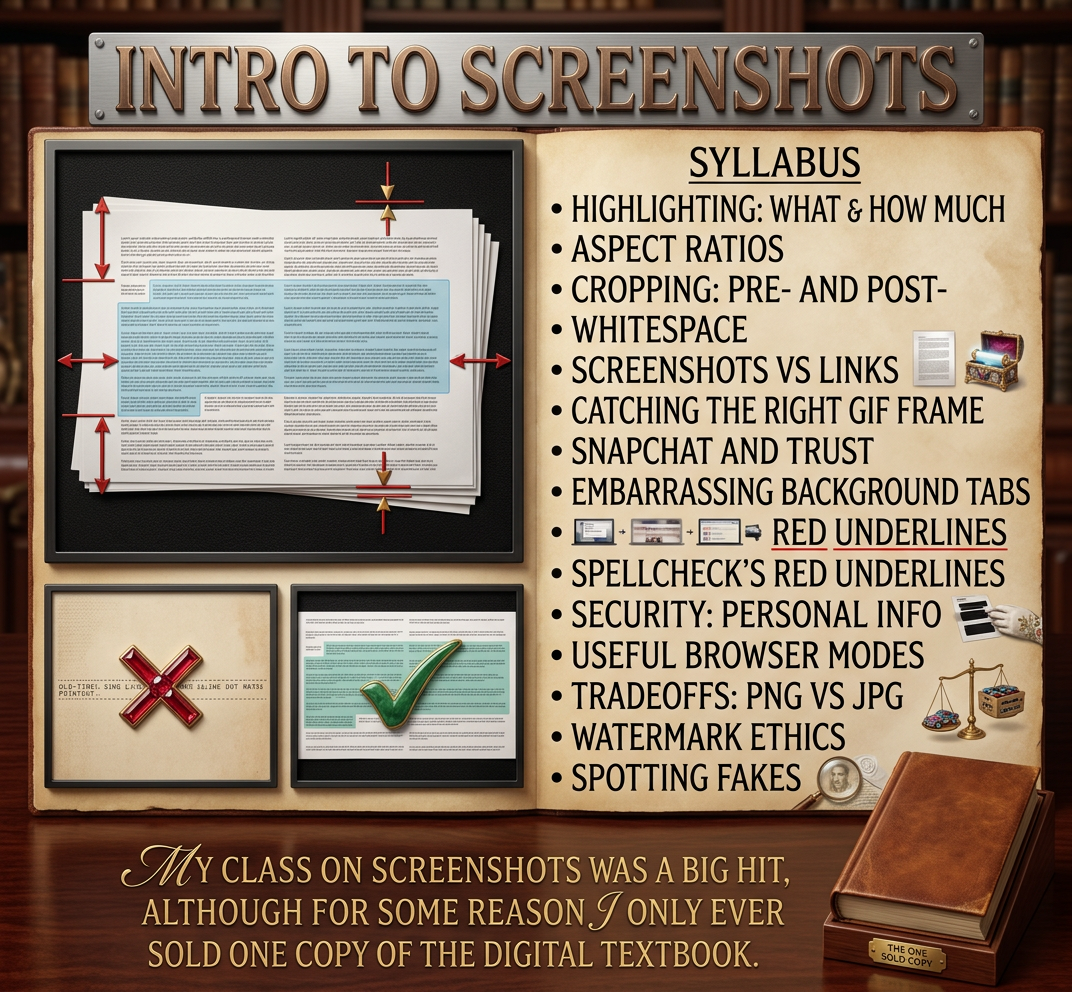 For the final exam, you take a screenshot showing off all the work you've done in the class, and it has to survive being uploaded, thumbnailed, and re-screenshotted through a chain of social media sites.