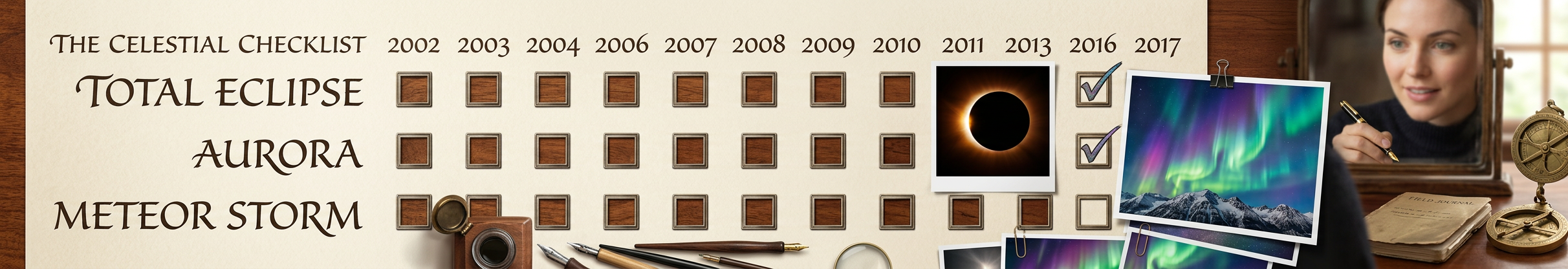 The third row will probably have to wait until 2034, and maybe longer. If I see a daytime supernova, I'll replace the meteor storm with that and consider it 3/3.