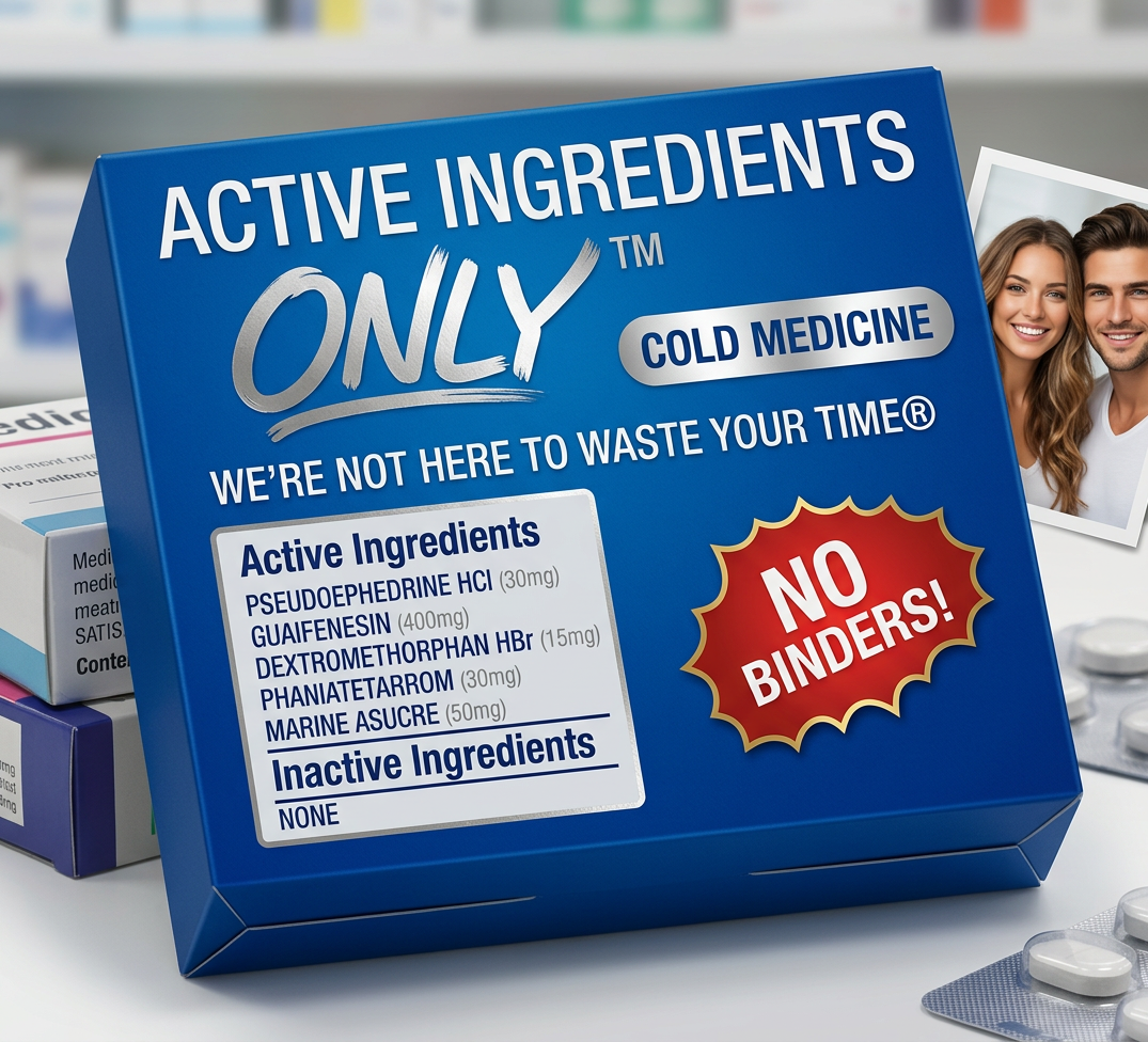 Contains the active ingredients from all competing cold medicines, plus the medicines for headaches, arthritis, insomnia, indigestion, and more, because who wants THOSE things?