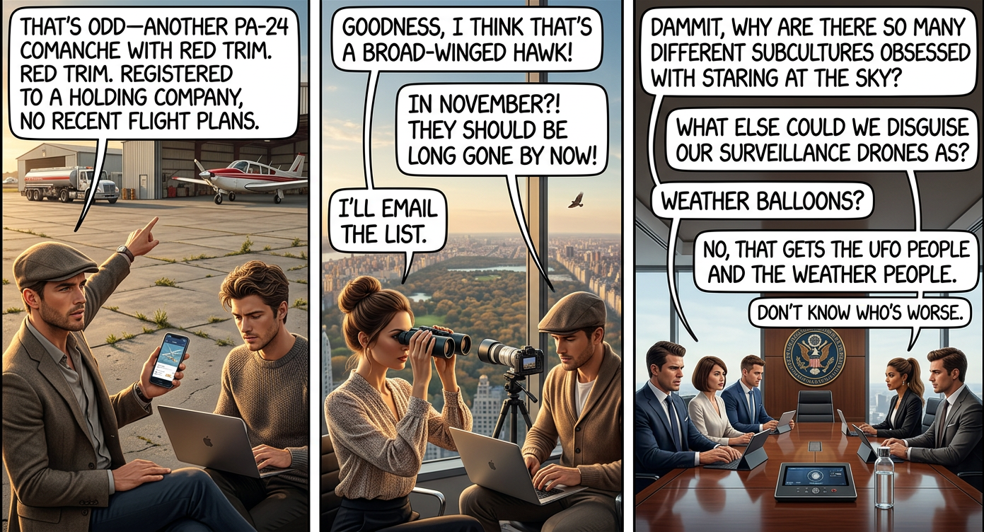 Where I live, one of the most common categories of sky object without a weird obsessive spotting community is "lost birthday party balloons," so that might be a good choice—although you risk angering the marine wildlife people, and they have sharks.