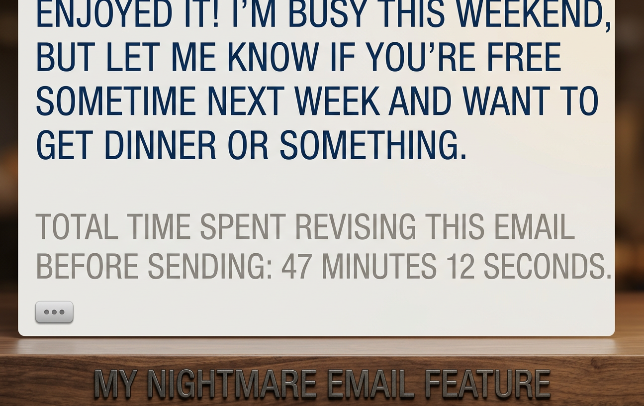 "...just got back and didn't see your message until just now. Sorry! -- TIME THIS MESSAGE SAT HALF-FINISHED IN DRAFTS FOLDER: 3 days, 2 hours, 45 minutes."