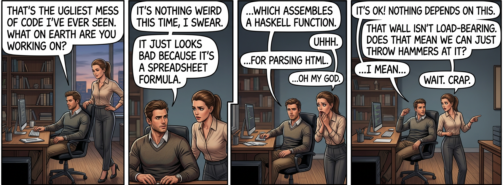 "Oh my God, why did you scotch-tape a bunch of hammers together?" "It's ok! Nothing depends on this wall being destroyed efficiently."