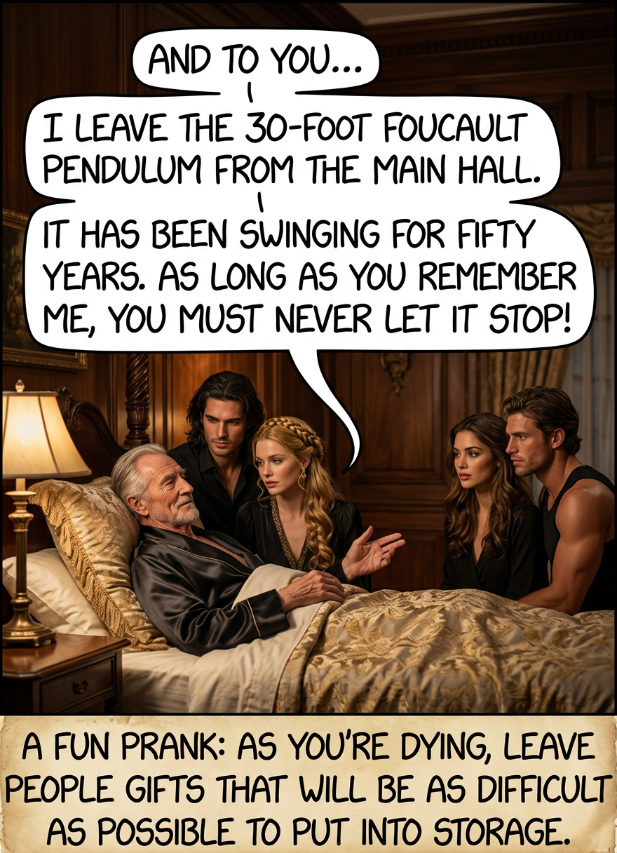 And to you, I leave my life-sized ice sculpture replica of the Pietà which was blessed by the Pope. You must never let it melt! Now, remember, all gifts must be removed from my estate within 24 hours.