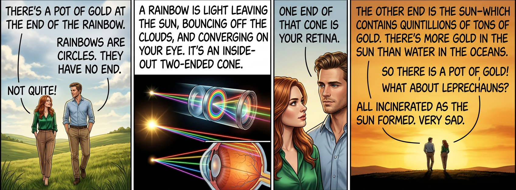 The retina is the exposed surface of the brain, so if you think about a pot of gold while looking at a rainbow, then there's one at BOTH ends.