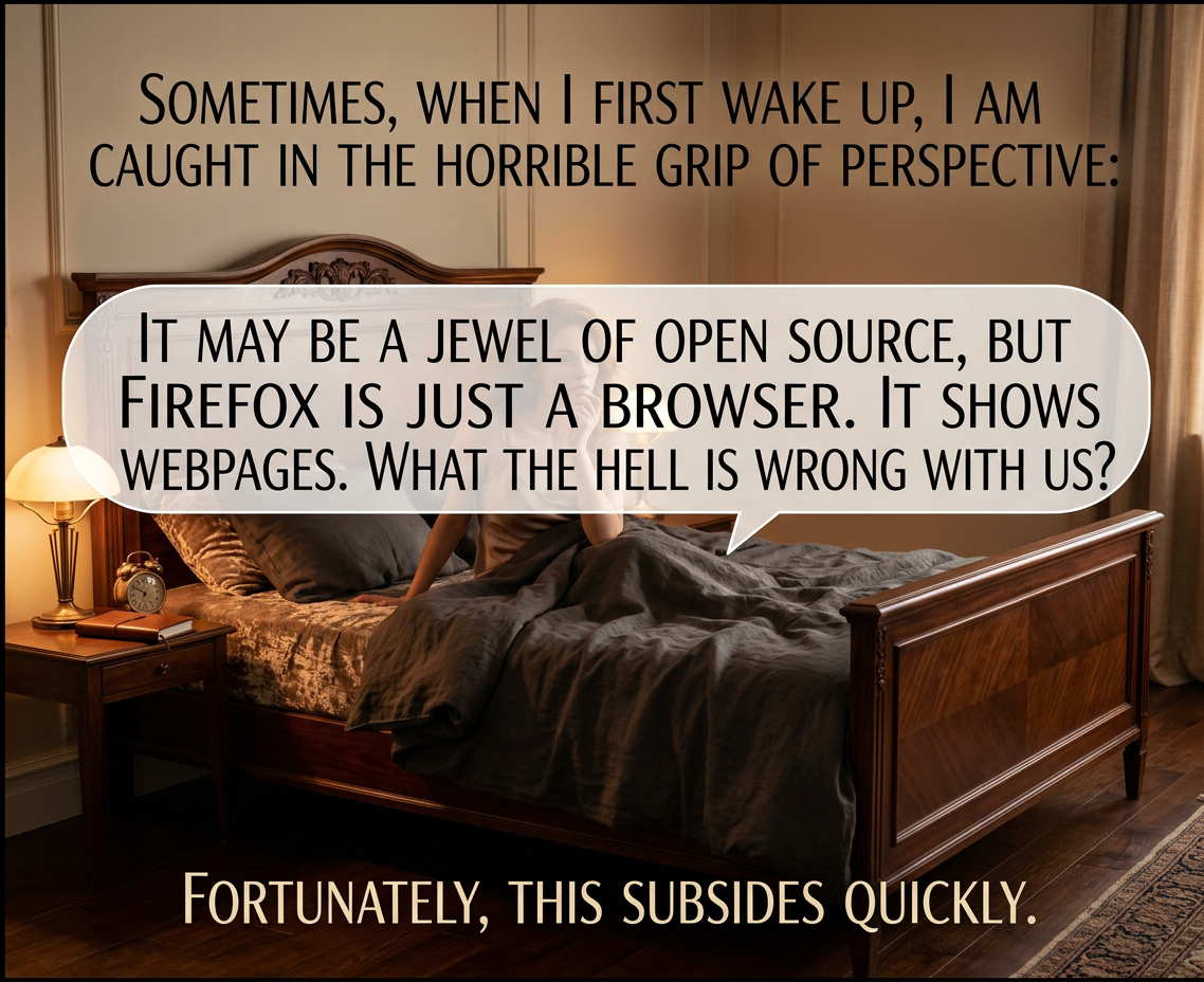 I wonder what I was dreaming to prompt that.  I hope it wasn't the Richard Stallman Cirque de Soleil thing again.