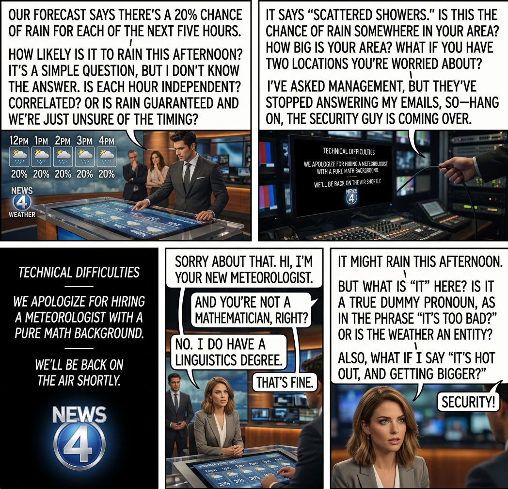Hi, I'm your new meteorologist and a former software developer. Hey, when we say 12pm, does that mean the hour from 12pm to 1pm, or the hour centered on 12pm? Or is it a snapshot at 12:00 exactly? Because our 24-hour forecast has midnight at both ends, and I'm worried we have an off-by-one error.