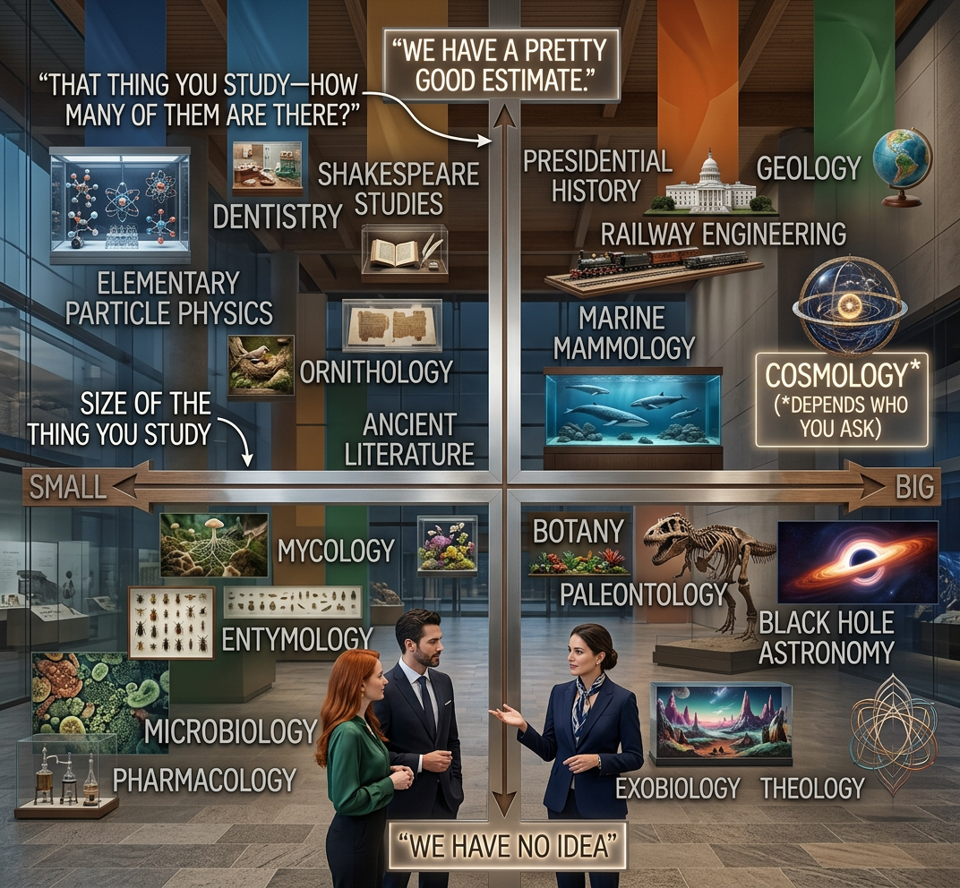 Mathematicians give a third answer on the vertical axis, "That question is poorly defined, but we have a sub-field devoted to every plausible version of it."
