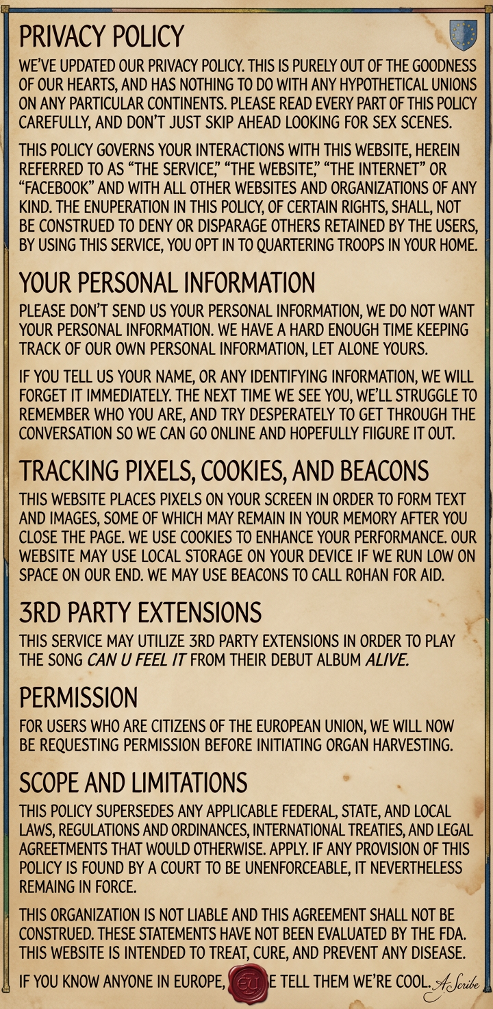 By clicking anywhere, scrolling, or closing this notification, you agree to be legally bound by the witch Sycorax within a cloven pine.