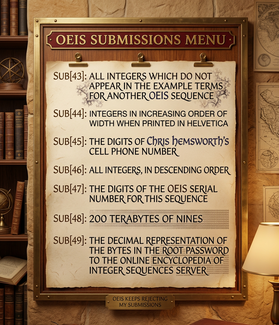 SUB[59]: The submission numbers for my accepted OEIS submissions in chronological order