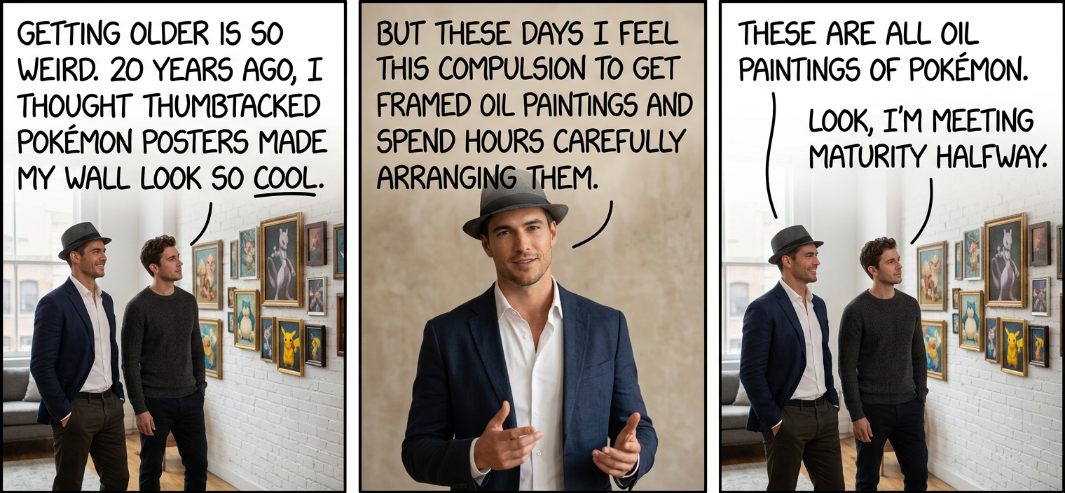 At first, I moved from pokémon posters to regular oil paintings, but then these really grumpy and unreasonable detectives from the Louvre showed up and took them all. They wouldn't even give me back my thumbtacks!