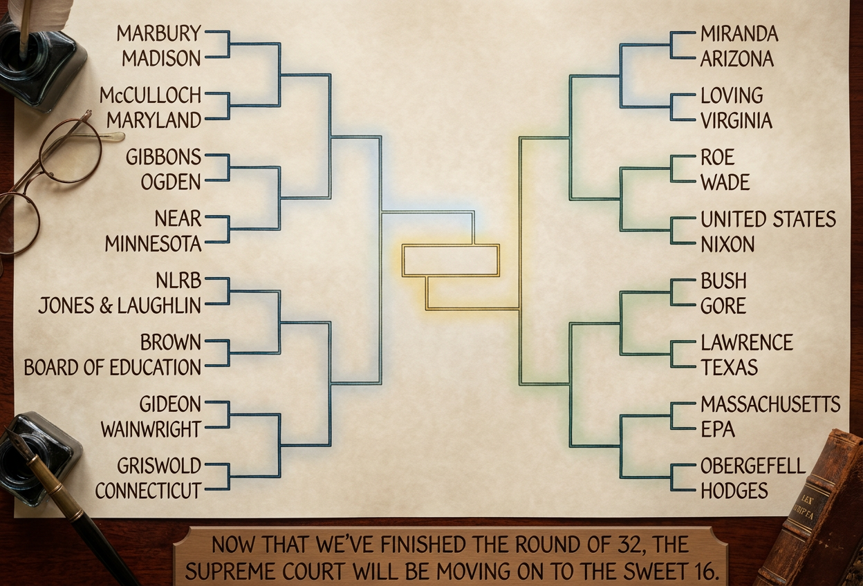 My bracket was busted in the first round; I had Massachusetts v. Connecticut in the final, probably in a case over who gets to annex Rhode Island.