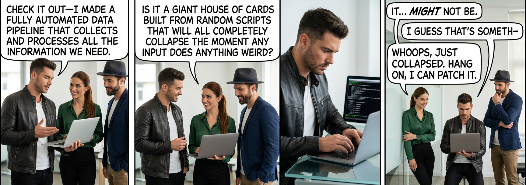 "Is the pipeline literally running from your laptop?" "Don't be silly, my laptop disconnects far too often to host a service we rely on. It's running on my phone."