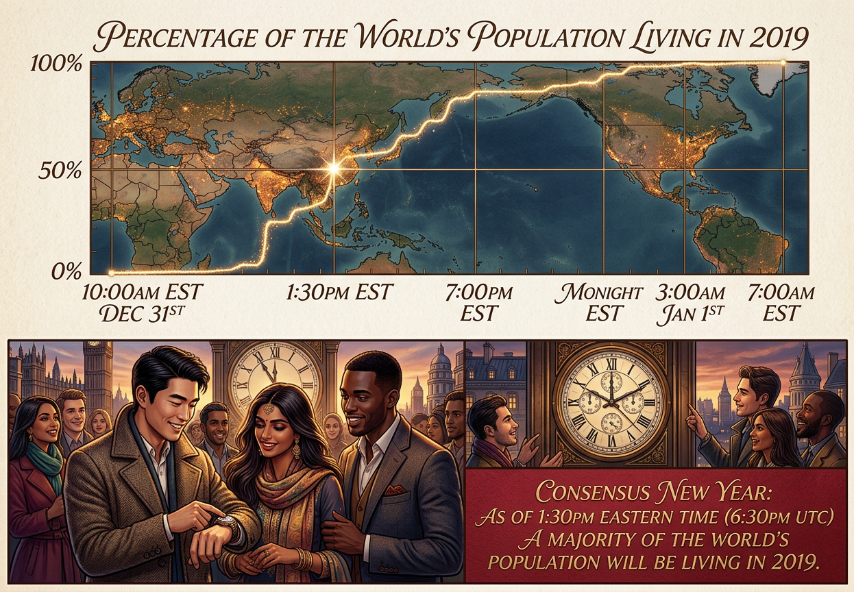 The biggest jump is at 11:00am EST (4:00pm UTC) when midnight reaches the UTC+8 time zone. That time zone, which includes China, is home to a quarter of the world's population. India and Sri Lanka (UTC+5:30) put us over the 50% mark soon after.