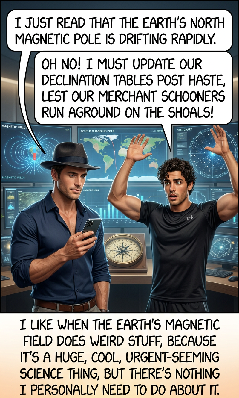 People keep trying to come up with reasons that we should worry about the magnetic field collapsing or reversing, but honestly I think it's fine. Whatever minor problems it causes will be made up for by the mid-latitude auroras.