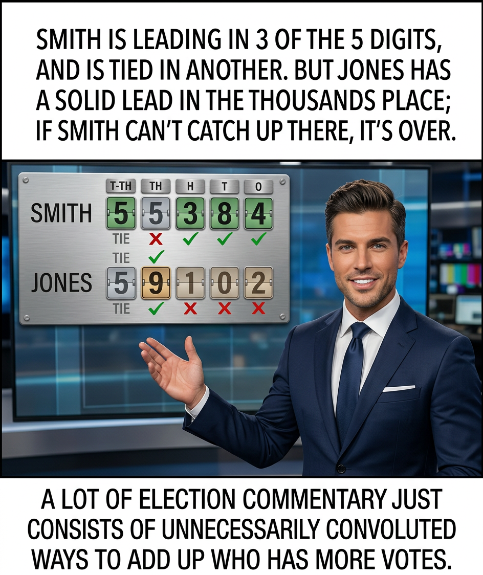 This really validates Jones's strategy of getting several thousand more votes than Smith. In retrospect, that was a smart move; those votes were crucial.