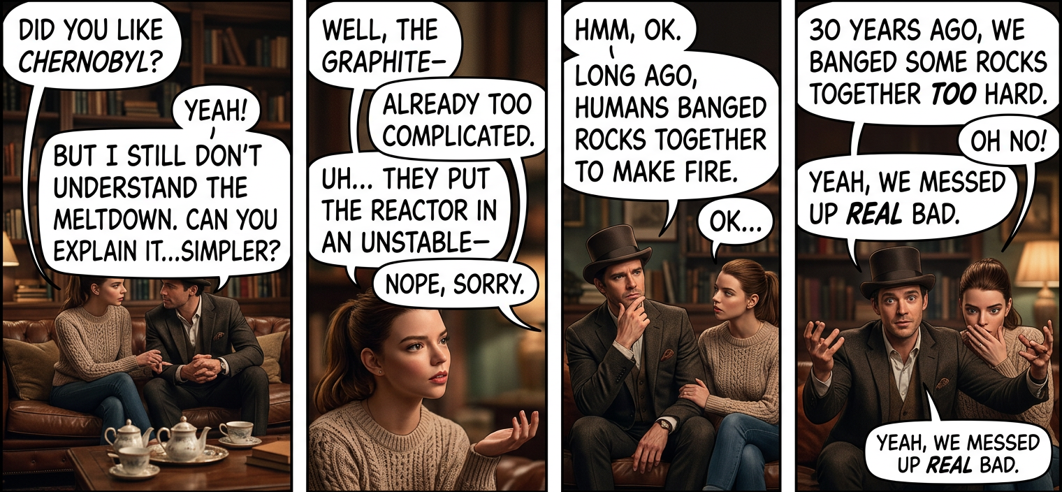 You know when you can't hear your speakers, and you keep turning various volume controls up higher and higher in confusion, and then someone hits the mute button and there's a deafening blast of sound? That's basically what happened at Chernobyl.