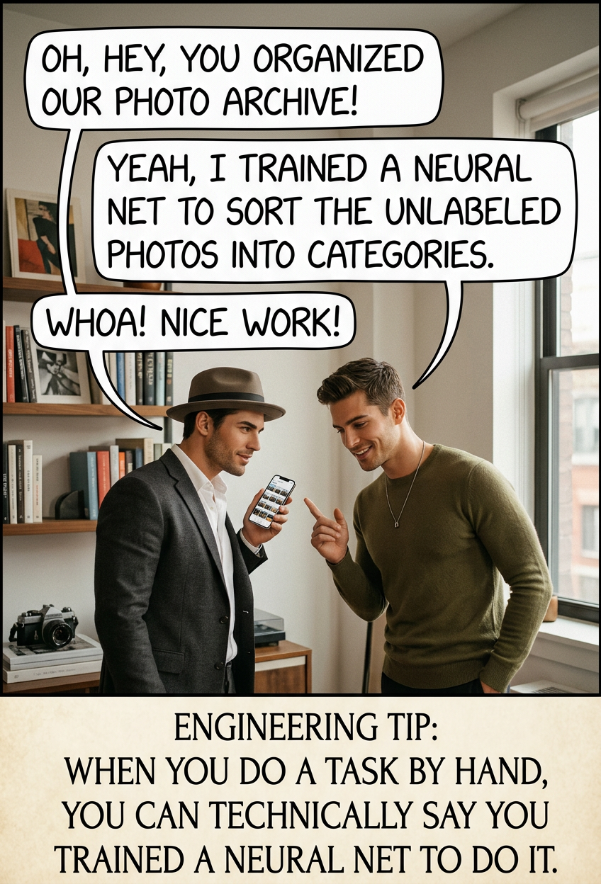 It also works for anything you teach someone else to do. "Oh yeah, I trained a pair of neural nets, Emily and Kevin, to respond to support tickets."