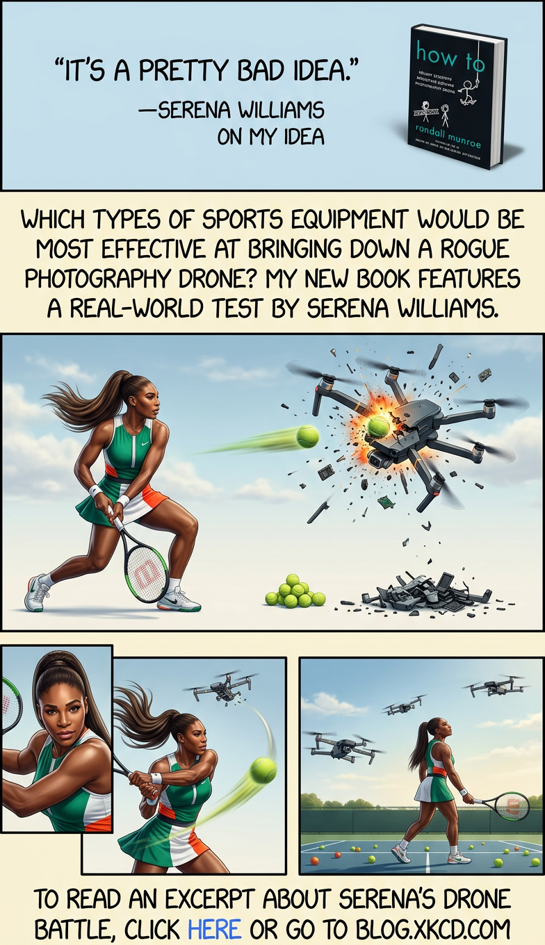 After the test, she said that if she had a choice, she wouldn’t defend herself against drones using a tennis ball and racket, though she would absolutely pick them over other sports equipment. But, she added, "Drones don't bother me."