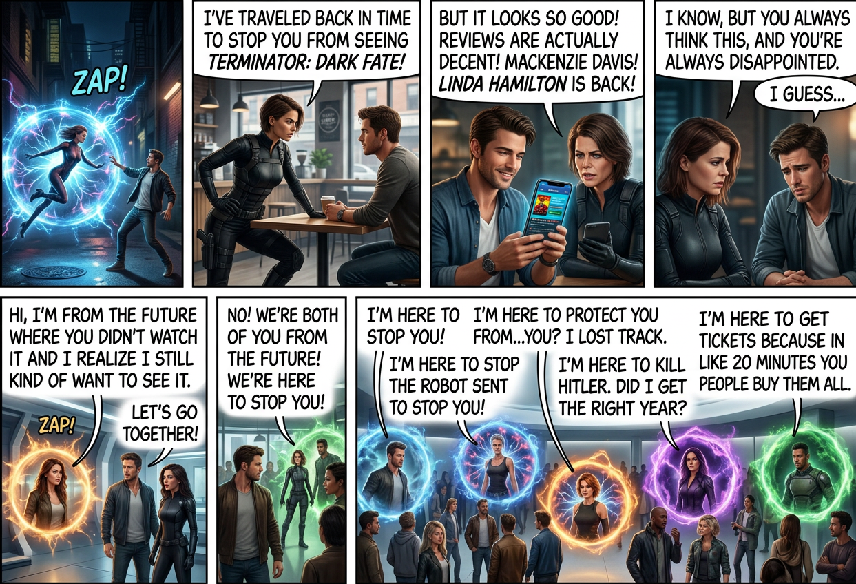 I was sent here to stop the robot that was sent here to protect the human who was sent here to protect the human who was sent here to destroy the robot that was sent here to vacuum the floor.