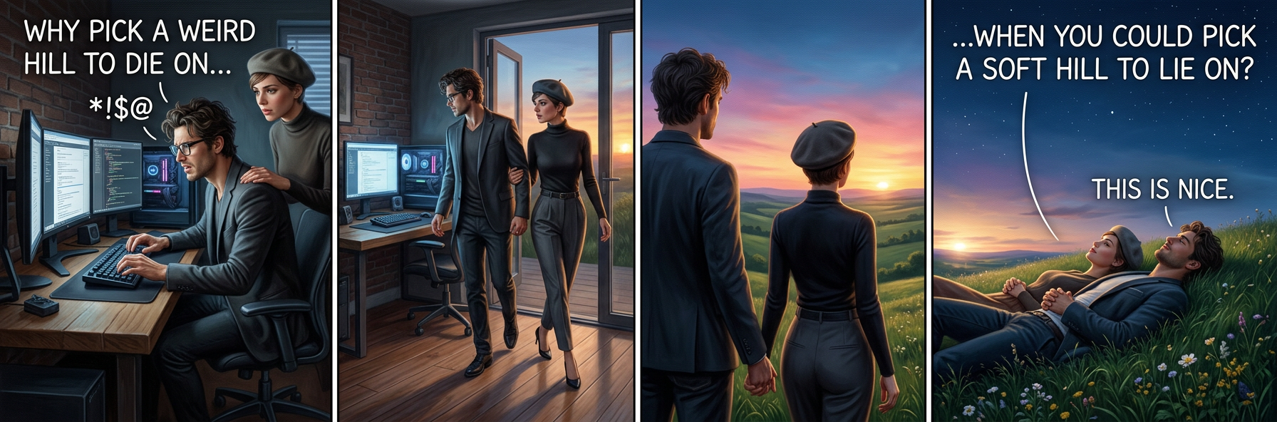 I'm compromising by picking a weird hill to lie on.