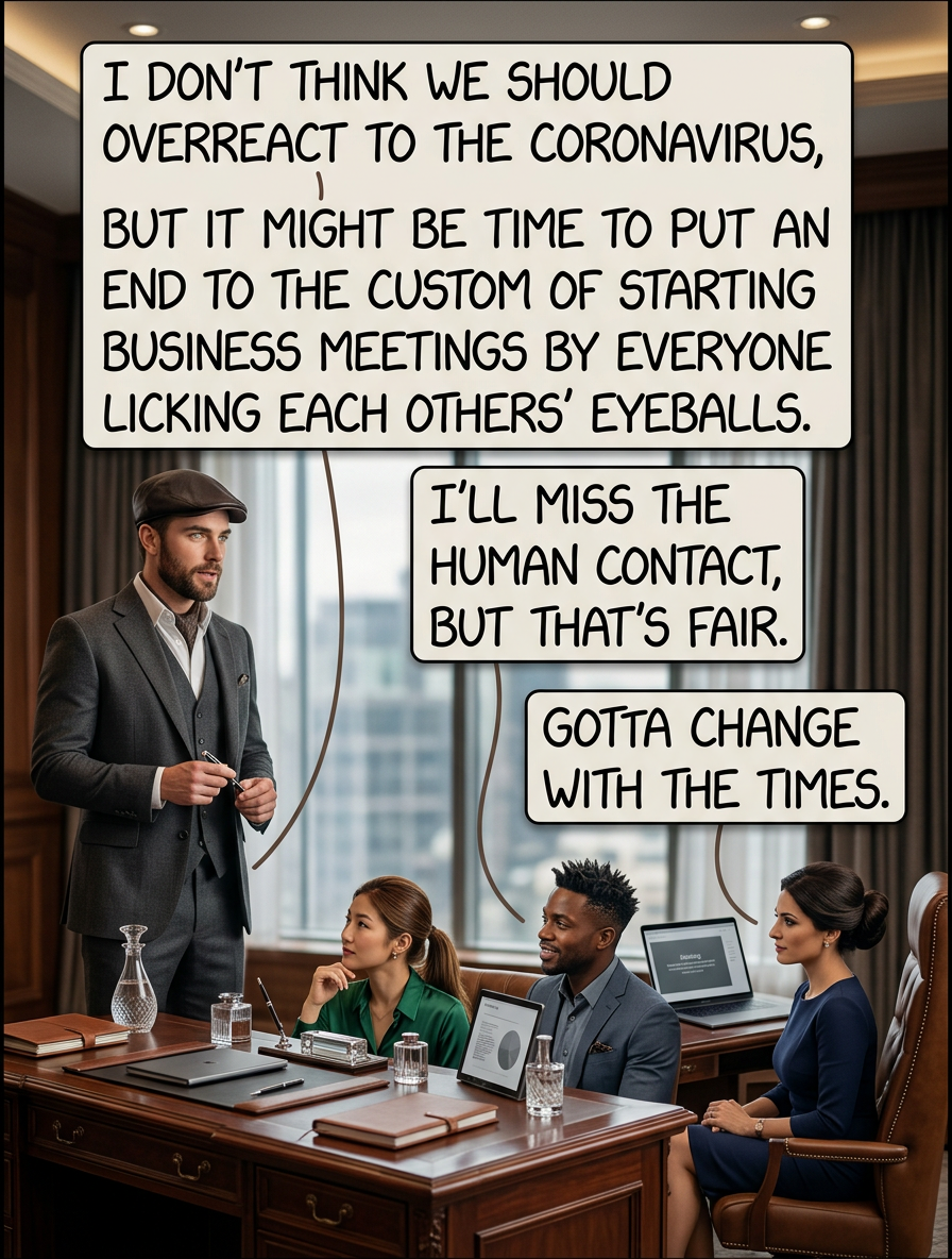 We have email and social media now, so we probably don't need to keep exchanging business cards by pressing them gently against each others' faces with an open palm and smearing them around.