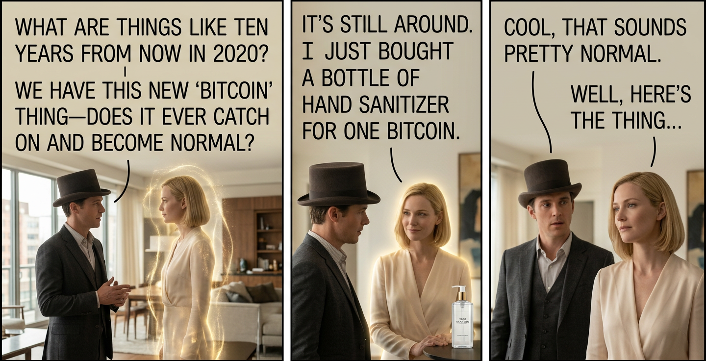 2030: "I just bought a house for one bitcoin. No, it's the equivalent of a dollar. Houses are often transferred for a nominal fee because the buyer is taking responsibility for containing the holo-banshees in the attic."