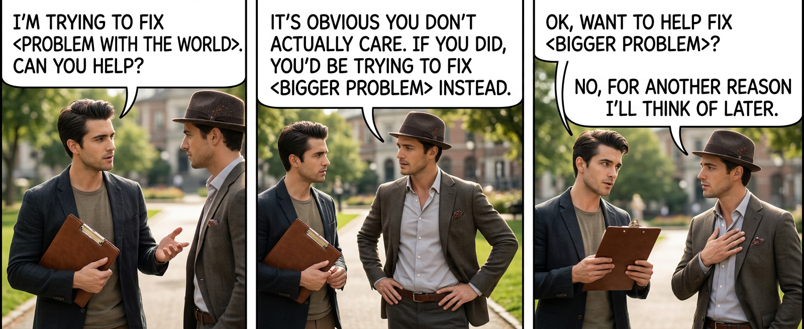 Your point that the world contains multiple problems is a real slam-dunk argument against fixing any of them.