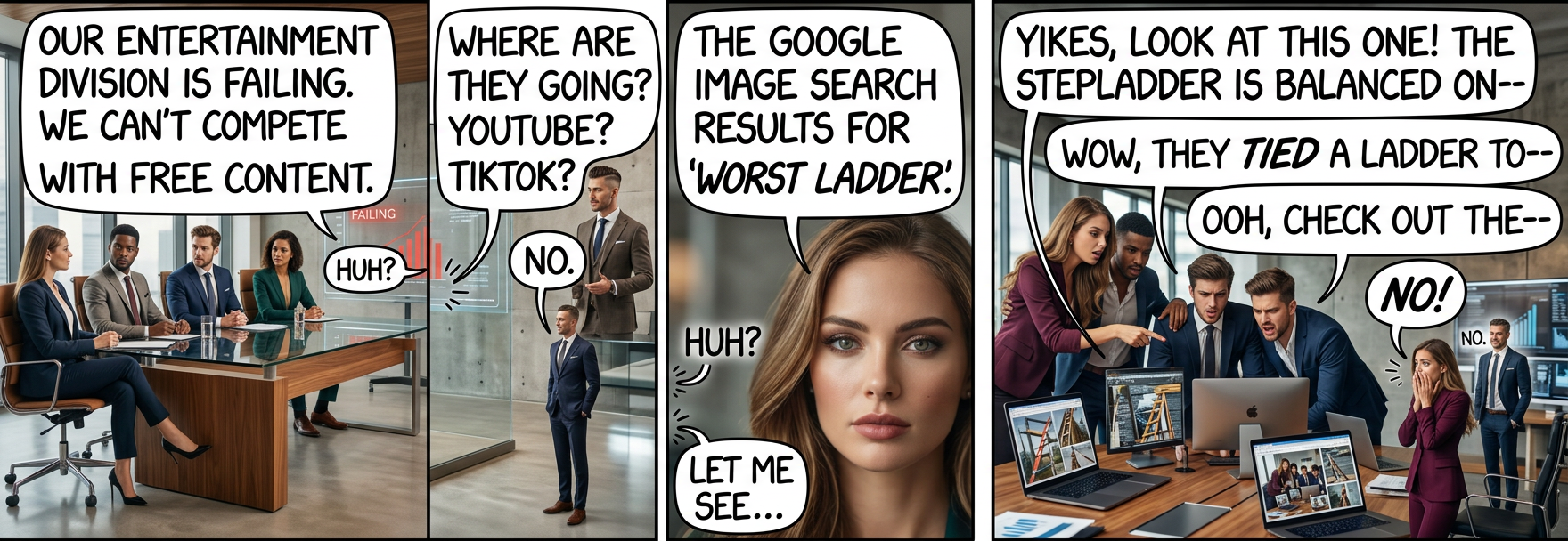 [Six months later] "Well, our 'worst ladder' subscription series was a surprisingly lucrative success, but was completely canceled out by the losses from the disastrous Home Depot merchandising tie-in."