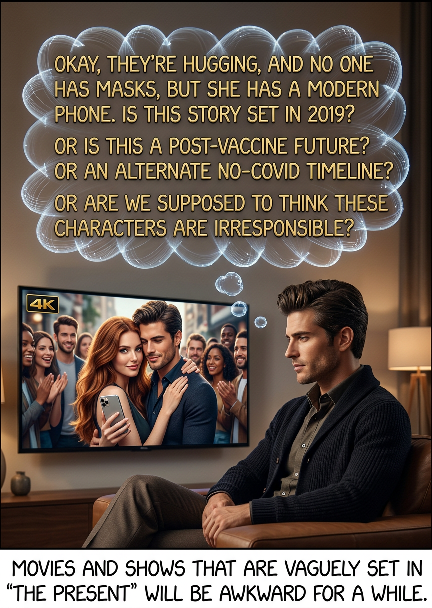 She referenced Billie Eilish, so this must be getting pretty close to the pandemic. But we've seen the last two years in-universe, so if it's set in the future, they must be in at least 2023 by now. [*adds thumbtacks and string to wall*]