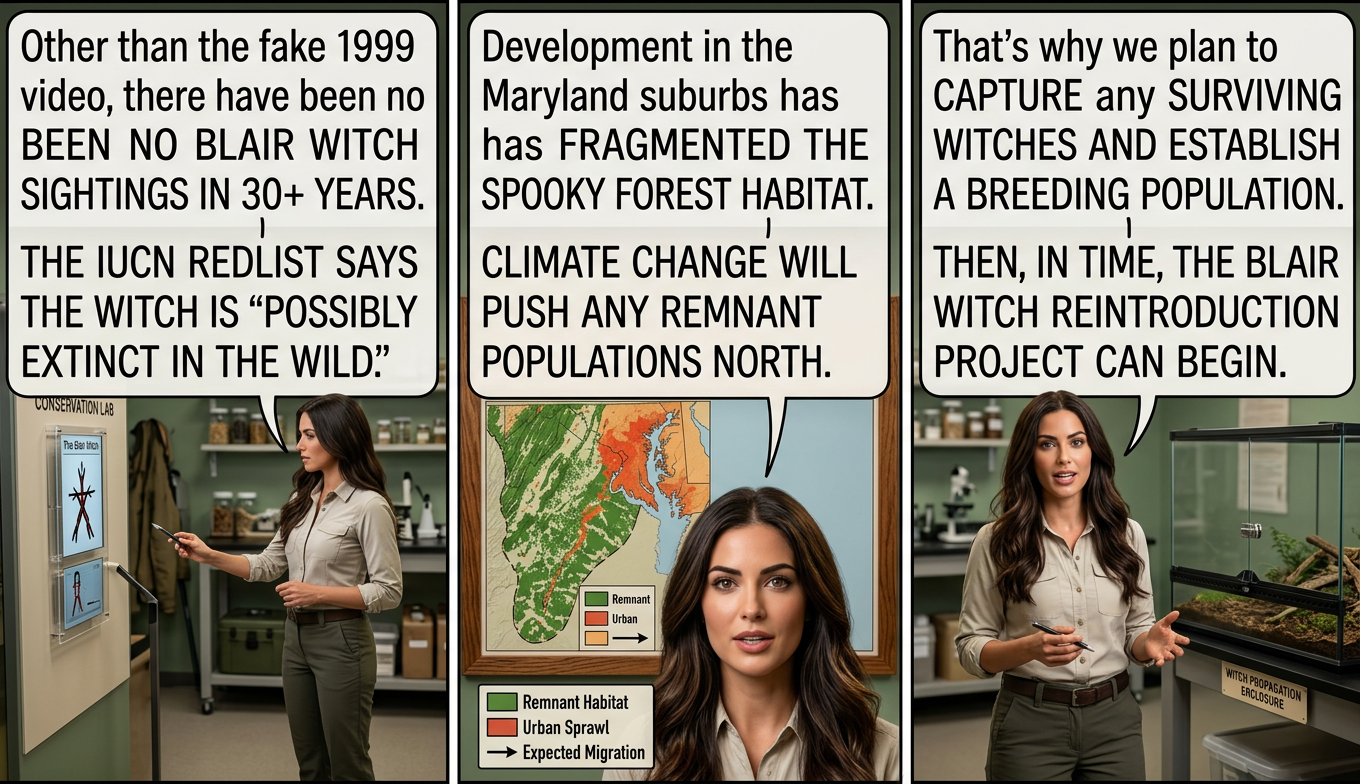 "Are you concerned the witches won't breed in captivity?" "Honestly, we're more concerned that they WILL. We don't know what it involves, but our biologists theorize that it's 'harrowing.'"