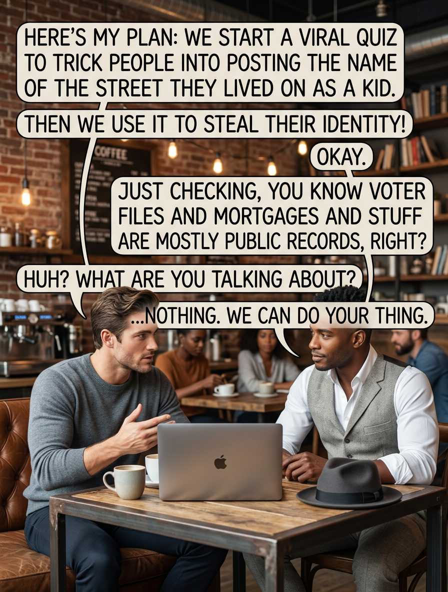 [scrolling through a giant spreadsheet of transcribed data] 'Wow, a surprising number of users grew up at 420 69th St.' 'Yeah, must be a high-rise or something.'