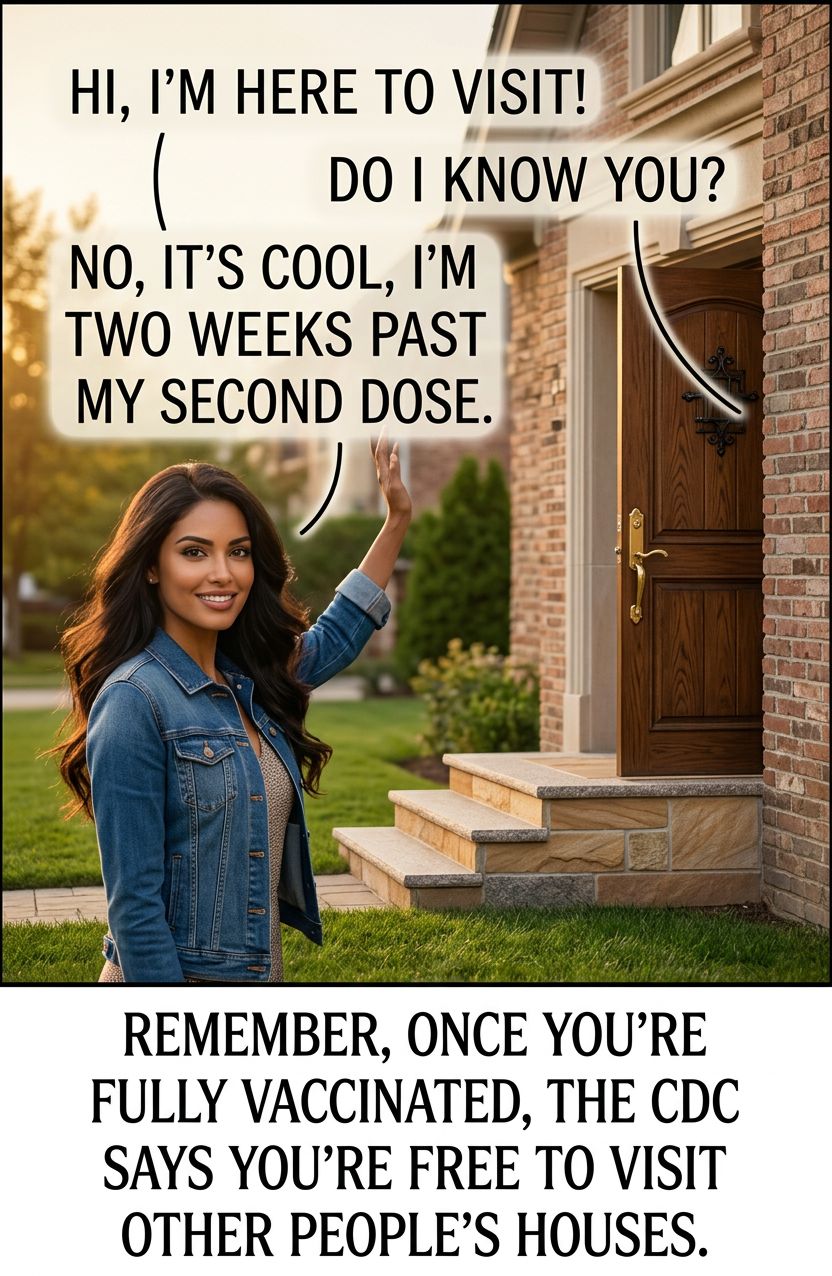 "You still can't walk into someone's house without being invited!" "What? Oh, I see your confusion. No, this vaccine is for a bat VIRUS. I'm fine with doorways and garlic and stuff."