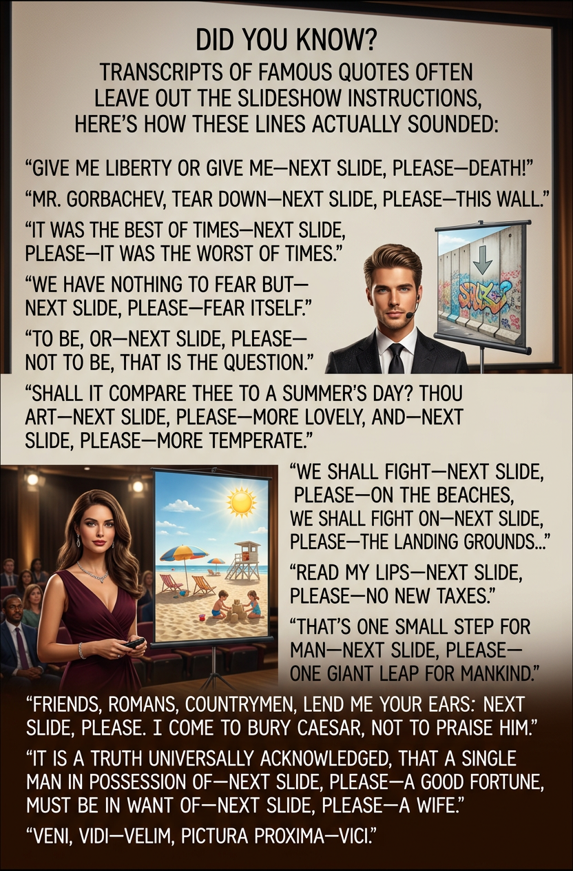 "I have nothing to offer but blood--next slide, please--toil--next slide, please--tears, and--next slide, please--sweat."