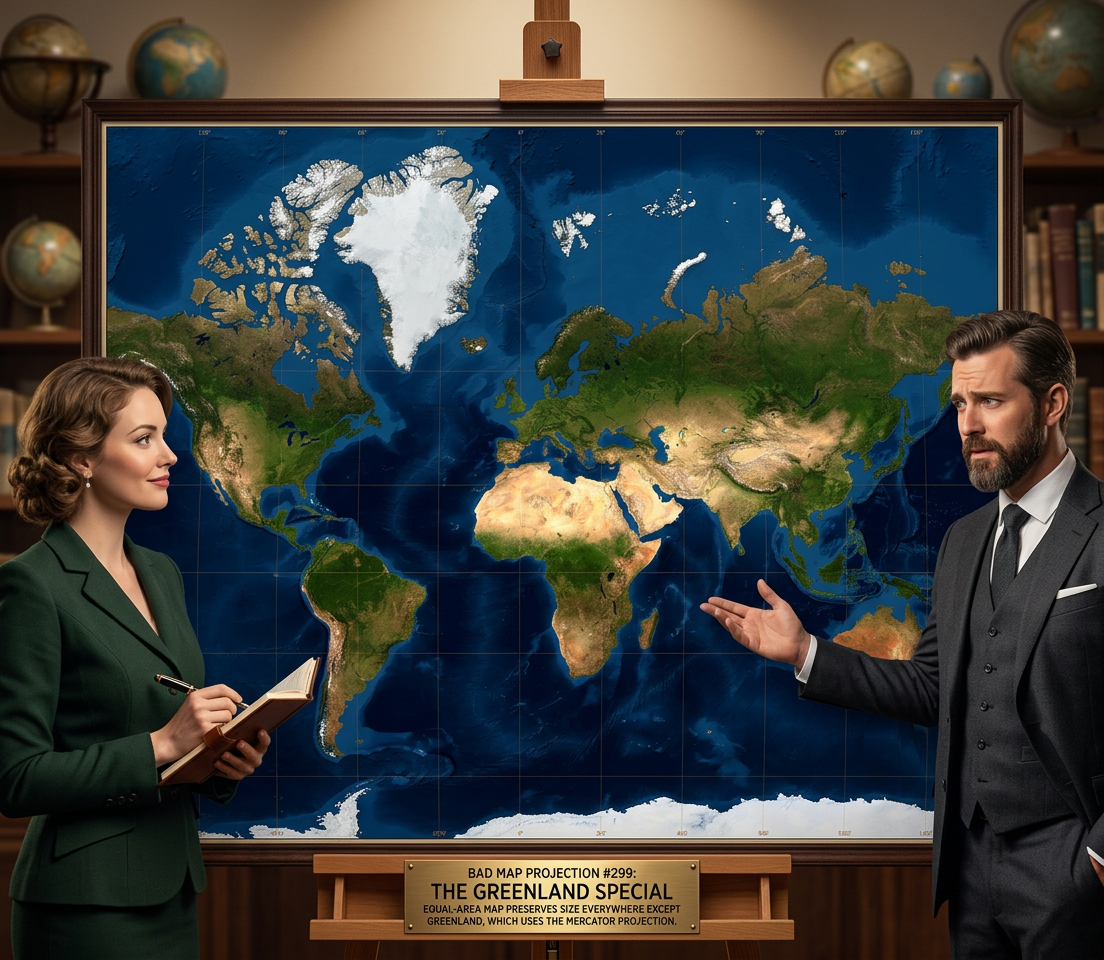 The projection for those who think the Mercator projection gives people a distorted idea of how big Greenland is, but a very accurate idea of how big it SHOULD be.