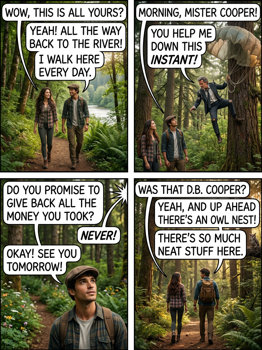 The only other person to walk by was a linguist back in the 80s, but she just spent a while dissecting the phrase 'help me down' before getting distracted by a squirrel and wandering off.