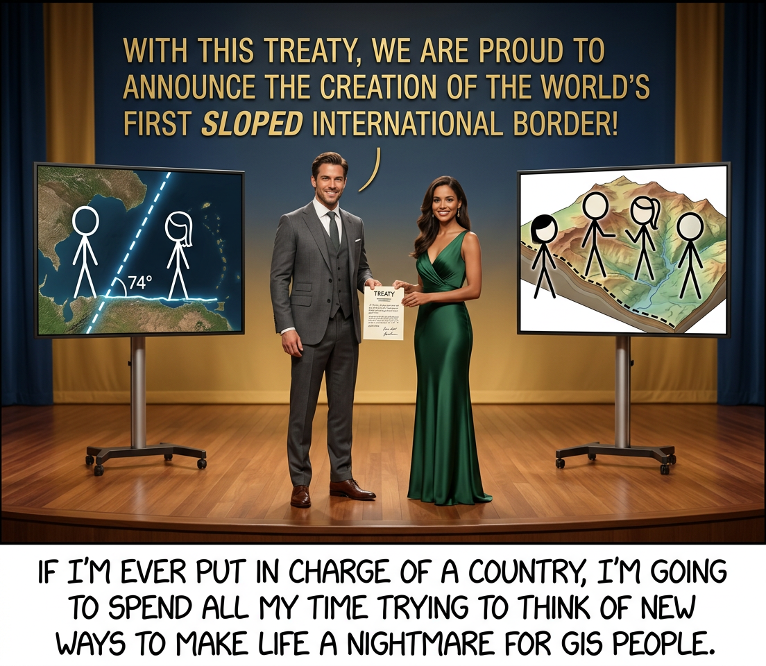 "The slope will be 74° at ground level." "Okay, I think we can hack together a  ... wait, why did they specify ground level? It's 74° everywhere, right? ... Oh no, there's a whole section in the treaty labeled 'curvature.'"