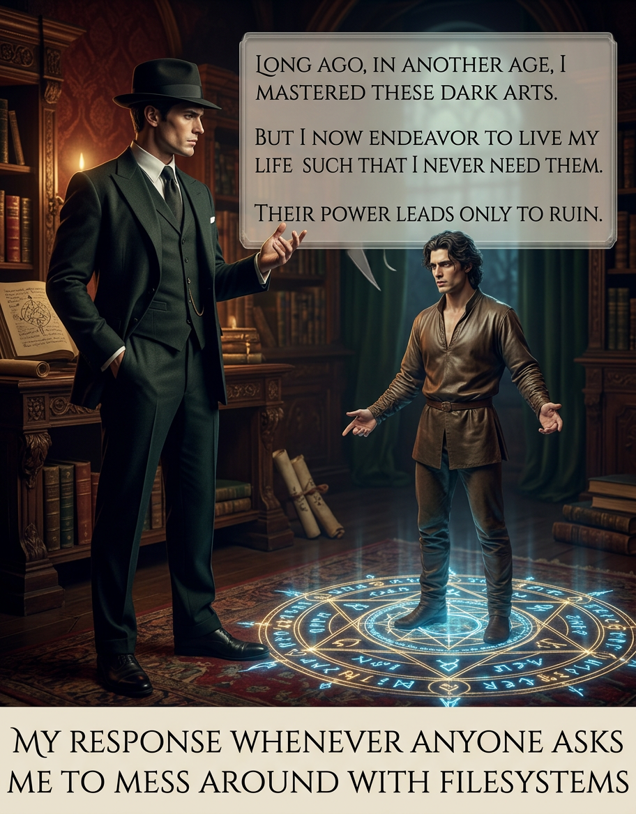 You think, 'okay, THIS is an ideal use case for hardlinks!' but then 6 months later you're doing some extremely cursed Google search like 'javascript ext4' and wondering where things went wrong.