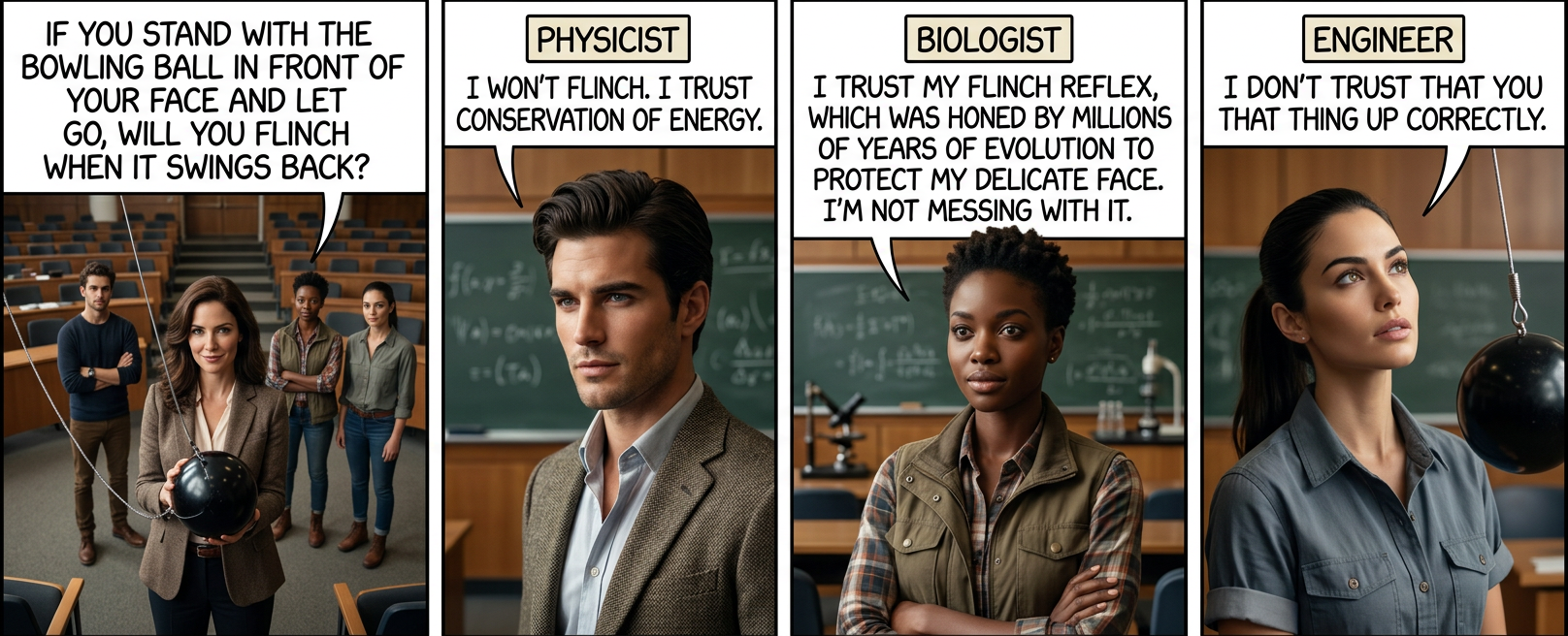 Premed: "Does this count for a physics credit? Can we shorten the string so I can get it done faster? And can we do one where it hits me in the face? I gotta do a thing for first aid training right after."
