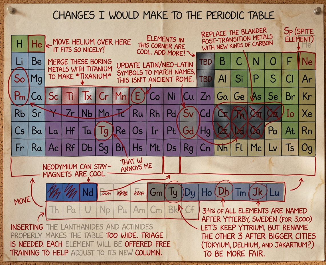 It's nice how the end of the periodic table is flush with the edge these days, so I think we should agree no one should find any new elements after #118 unless they discover a whole row at once.