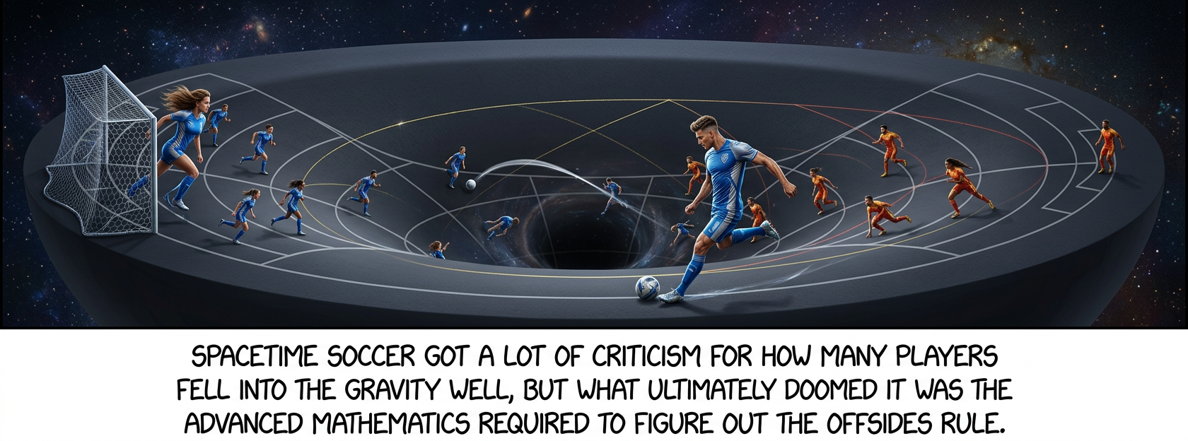 Spacetime Soccer, known outside the United States as '4D Football' is a now-defunct sport. Infamous for referee decisions hinging on inconsistent definitions of simultaneity, it is also known for the disappearance of many top players during... [more]
