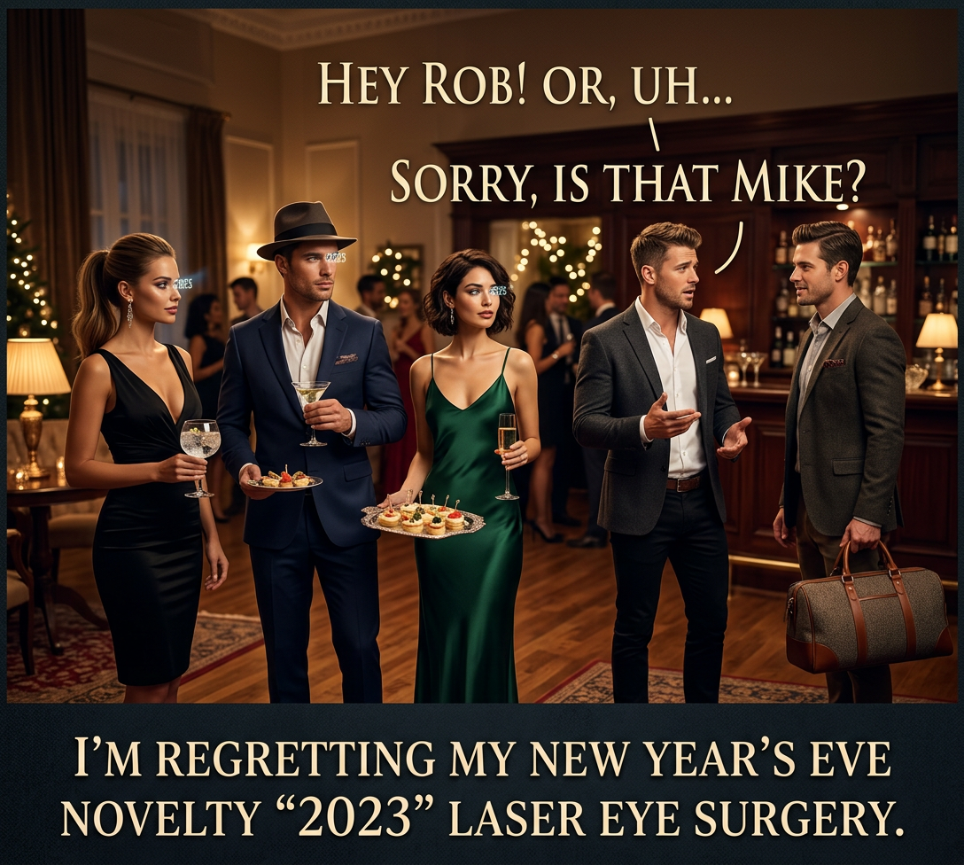 [Earlier, at the eye doctor] 'No, for the last time, the numerals on the paper aren't my prescription, it's the shape I want you to make with the laser.'