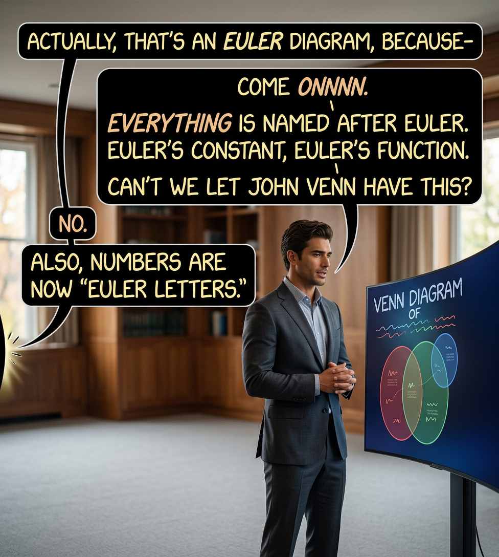 Things Leonhard Euler created ( most of math ( overlapping circle diagrams ) a cricket bowling machine ) Things John Venn created