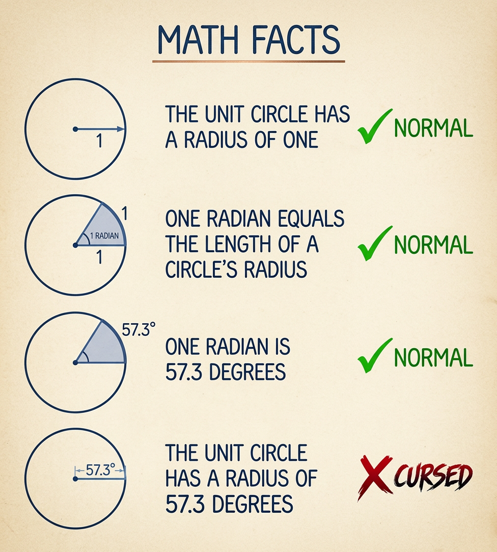 Phil Plait once pointed out that you can calculate the total angular area of the sky this way. If the sky is a sphere with radius 57.3 degrees, then its area is 4*pi*r^2=41,253 square degrees. This makes dimensional analysts SO mad, but you can't argue with results.