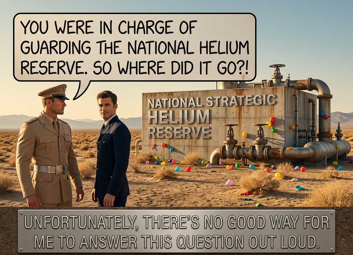 The government has been trying to sell off the Federal Helium Reserve for a few years now, but the sale has been on hold while they try to figure out how to explain this situation to buyers.