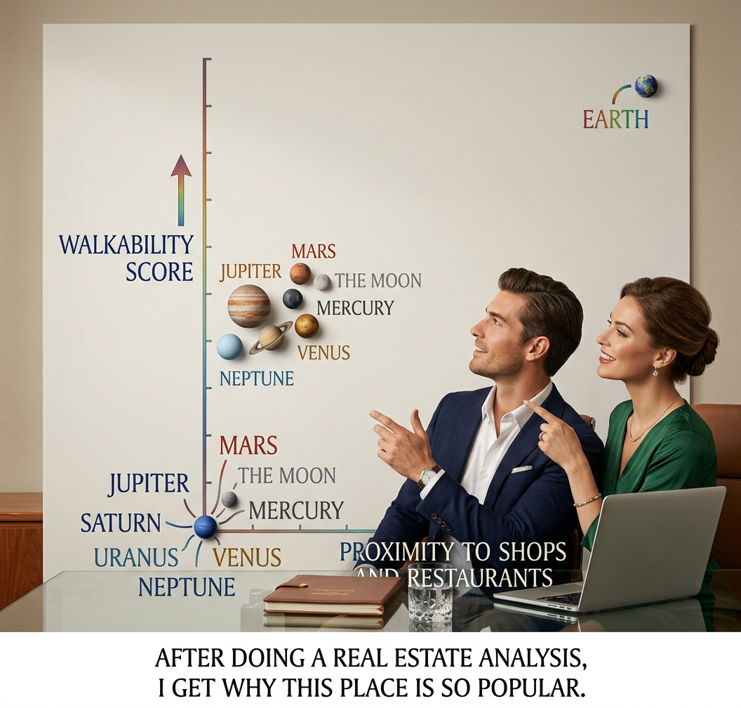 Mars does get a good score on 'noise levels' and 'scenic views,' but the school district ranking isn't great; the only teacher--the Perseverance rover--is too busy with rock samples to teach more than the occasional weekend class.